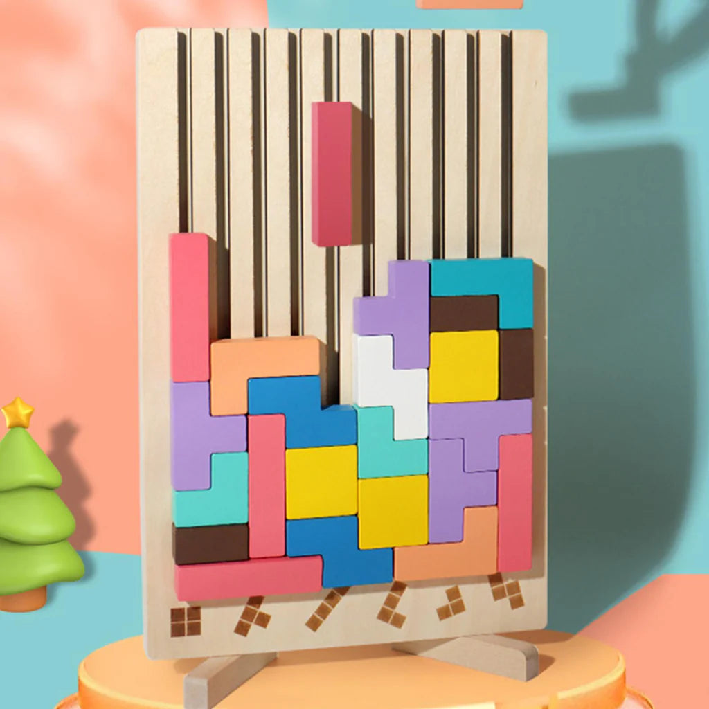 Wooden Tetris Puzzle Game for Kids – Montessori 3D Geometry Blocks | Educational Toy Ages 3+