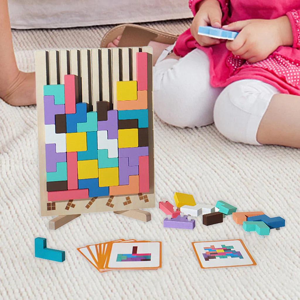 Wooden Tetris Puzzle Game for Kids – Montessori 3D Geometry Blocks | Educational Toy Ages 3+