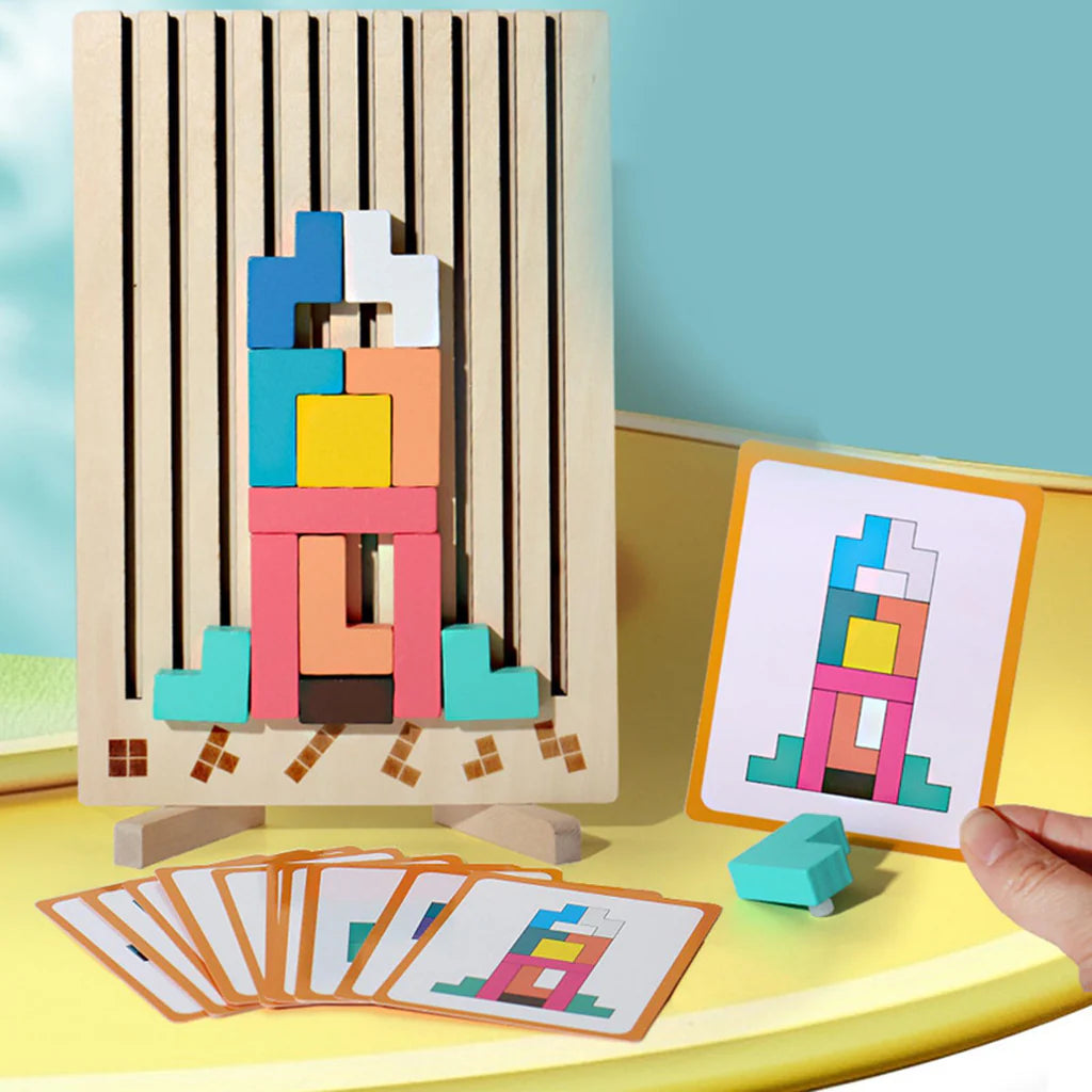 Wooden Tetris Puzzle Game for Kids – Montessori 3D Geometry Blocks | Educational Toy Ages 3+