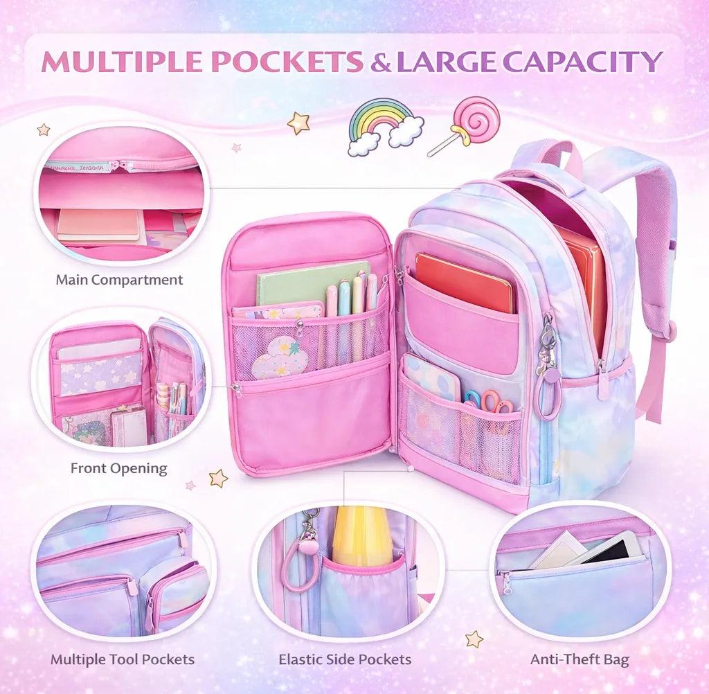 Princess Dream Rainbow School Backpack – Large Capacity Ergonomic Pastel Book Bag for Girls | 44×31×13 cm