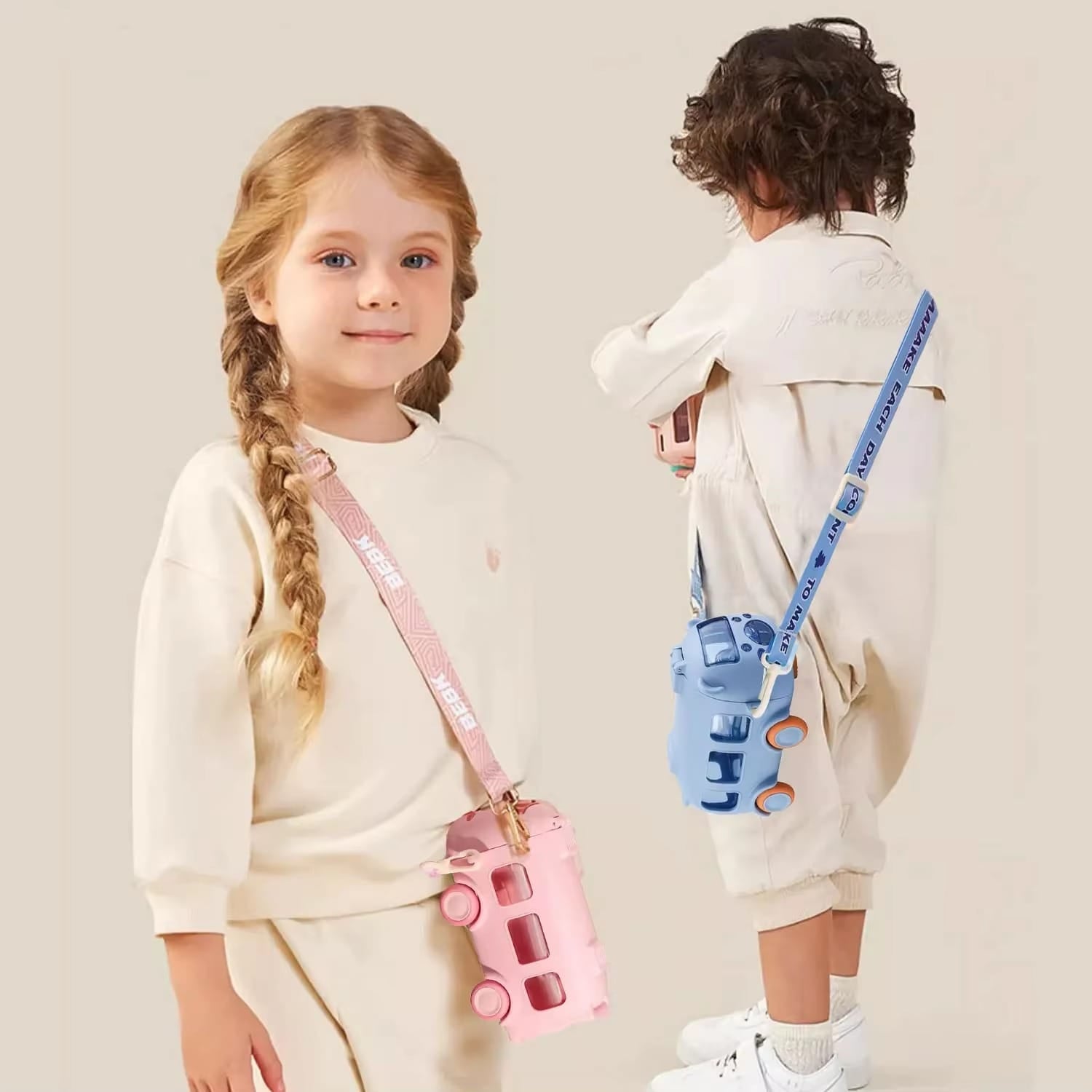 School Bus Design Kids Water Bottle With Strap | 600ml | Random Color