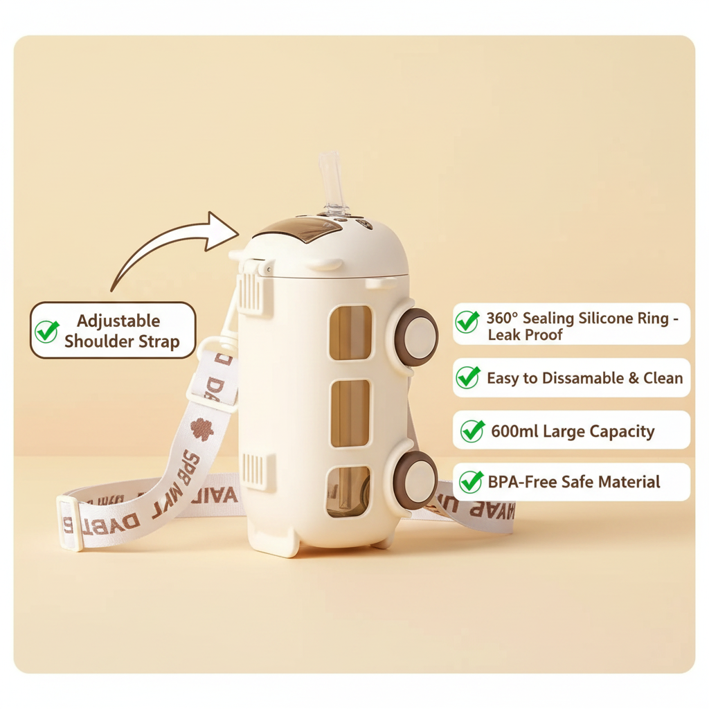 School Bus Design Kids Water Bottle With Strap | 600ml | Random Color